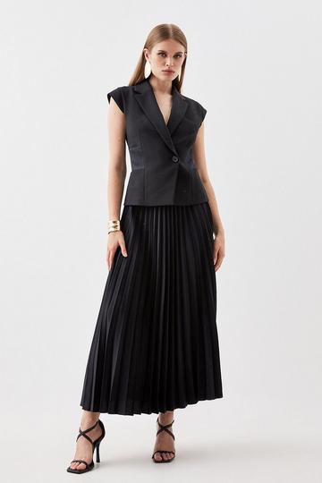 Black Compact Stretch Insert Panel Soft Skirt Tailored Midi Dress