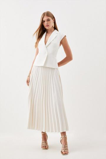 Ivory White Compact Stretch Insert Panel Soft Skirt Tailored Midi Dress