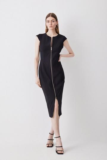 Black Compact Stretch Insert Panel Tailored Pencil Midi Dress