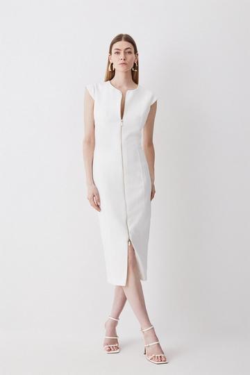 Ivory White Compact Stretch Insert Panel Tailored Pencil Midi Dress