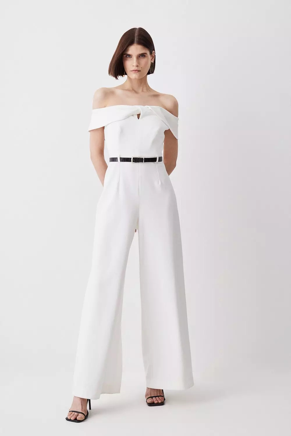 Off one shoulder pierced cheap belted wide leg jumpsuit