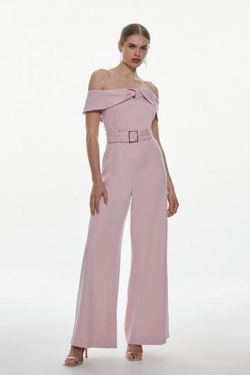 Structured Crepe Bardot Belted Wide Leg Jumpsuit pink