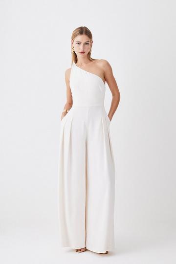 Soft Tailored Asymmetric Neck Pleat Wide Leg Jumpsuit ivory
