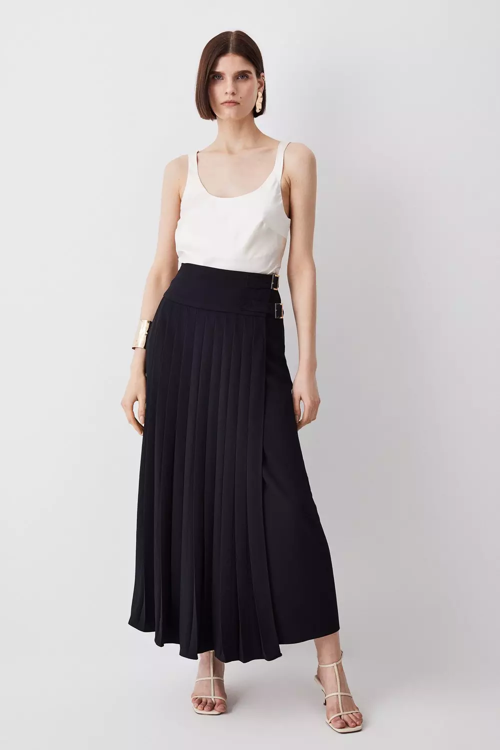 Tailored Buckle Detail Pleated Midi Skirt