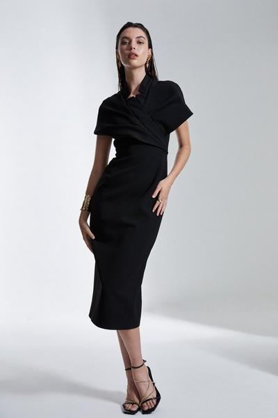 Structured Crepe Cape Detail Midi Dress