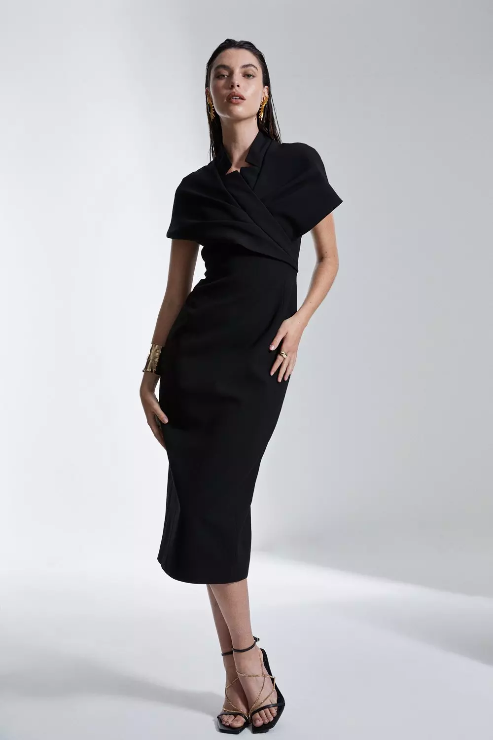 Structured cape sheath dress sale