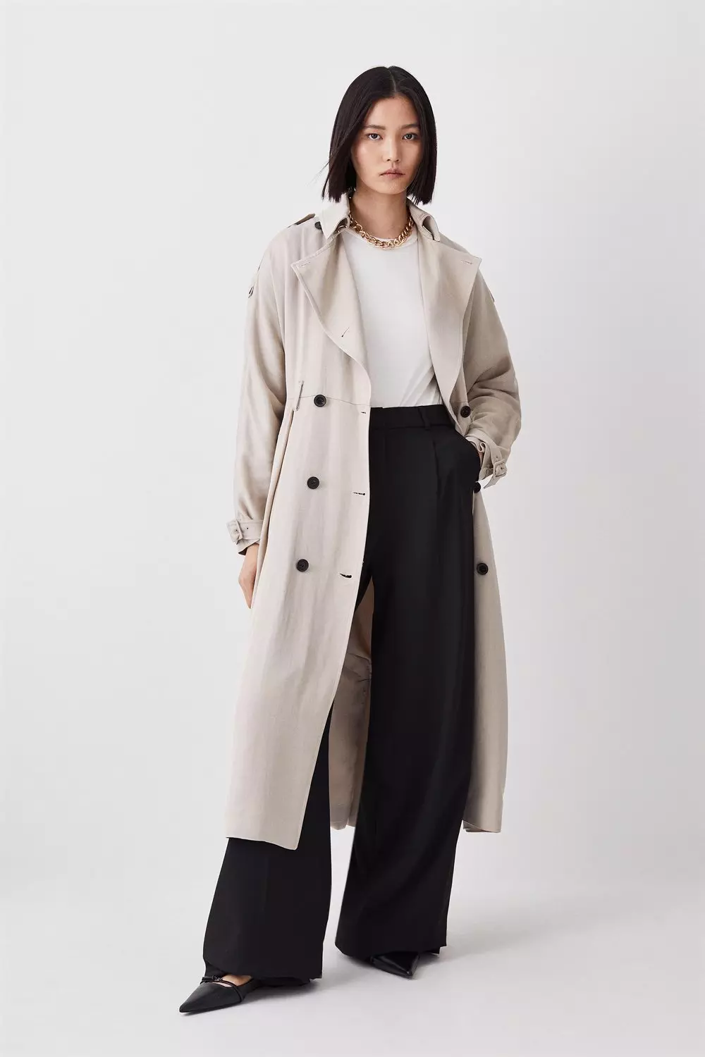 Premium Linen Rounded Sleeve Trench Coat | Karen Millen