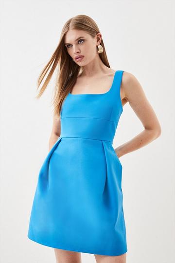 Blue Structured Stretch Strappy Tailored Lantern Mini Dress