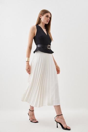 Tailored Compact Stretch Belted Bodice Pleated Midi Dress mono