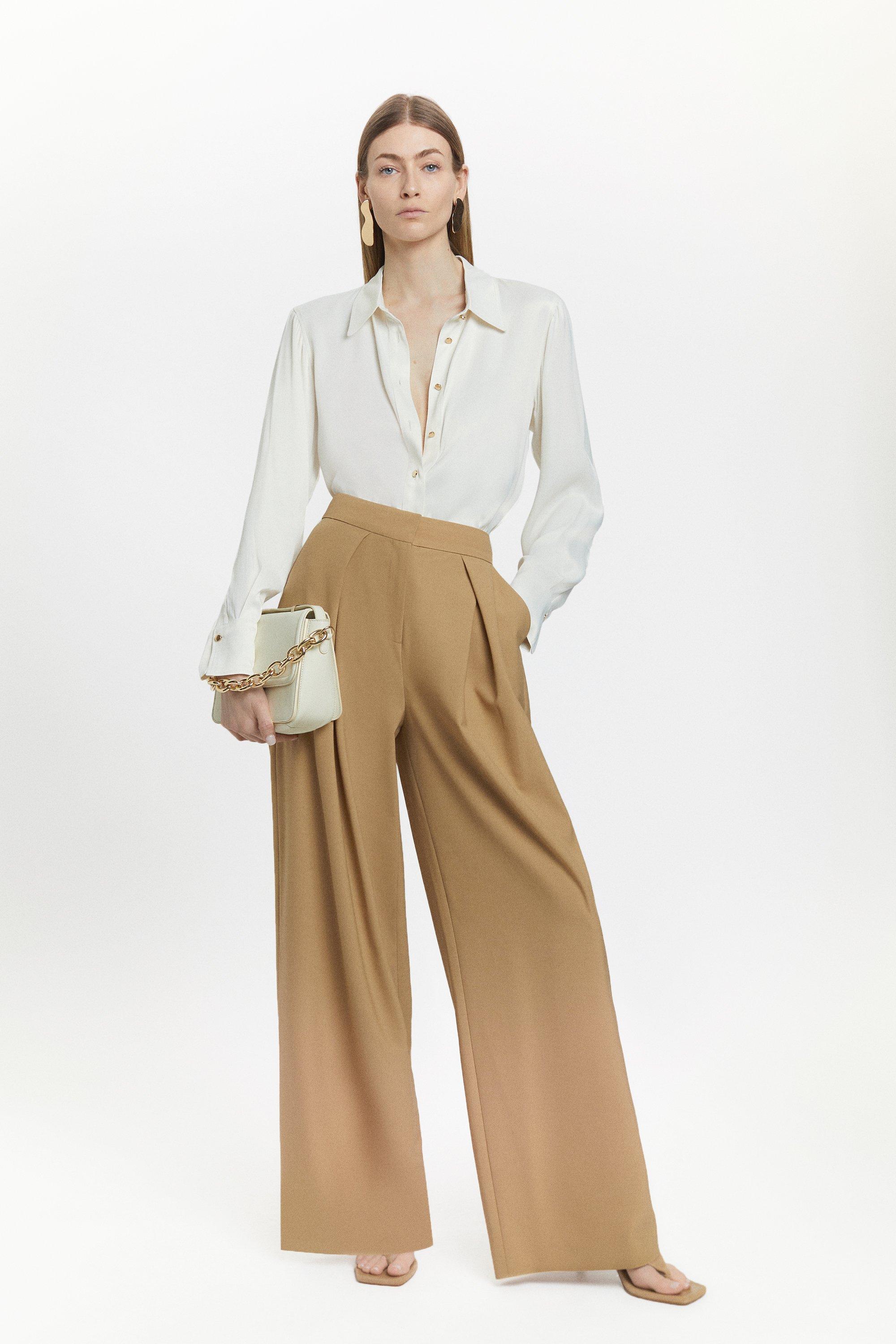 Beige Tall Straight Leg Wool Blend Trousers, KK