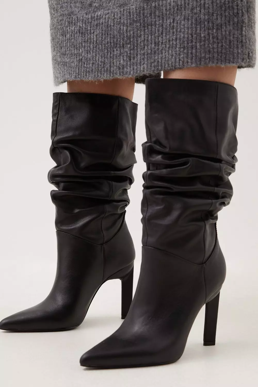 Mid calf leather black on sale boots