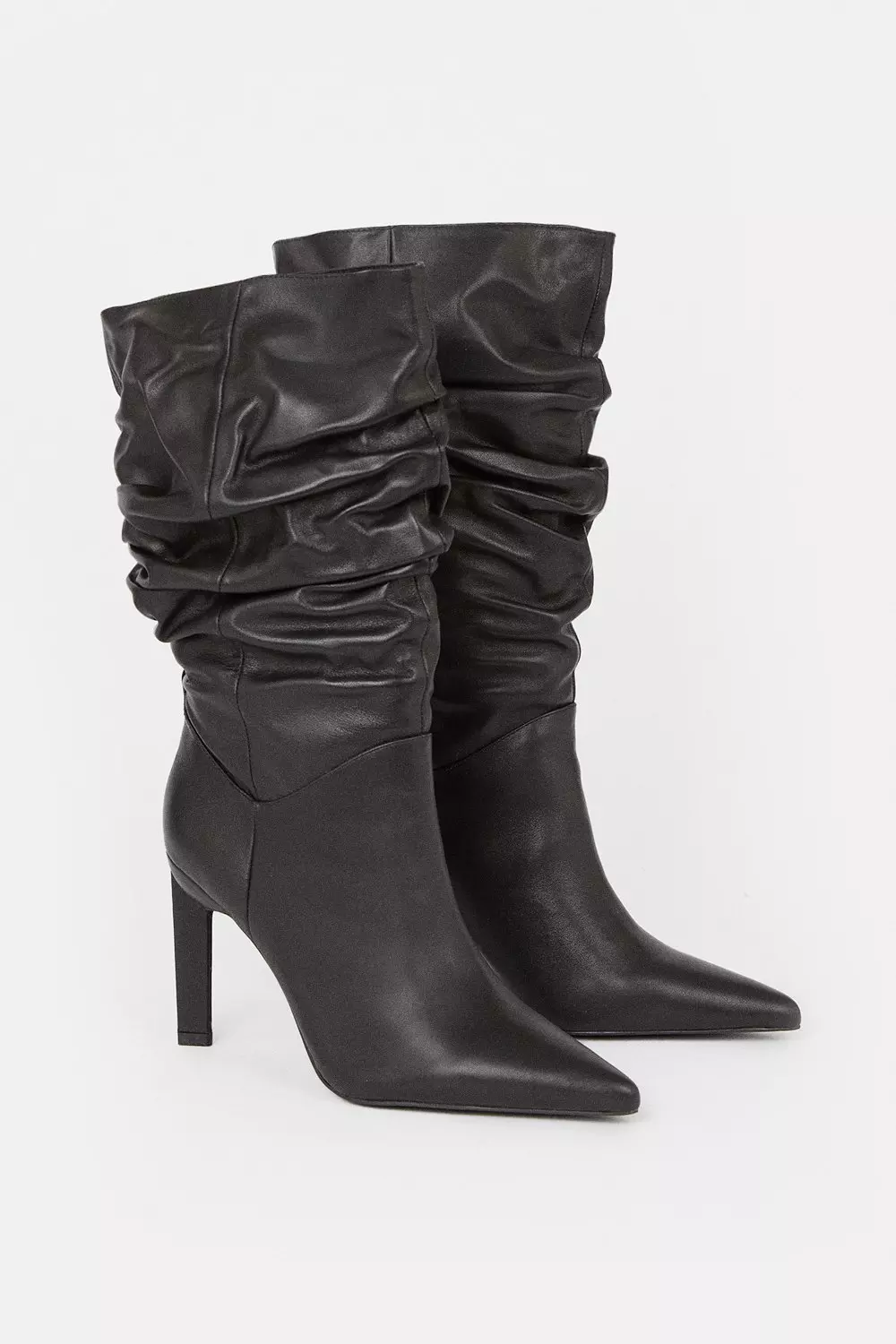 Leather Mid Calf Slouch Heeled Boot