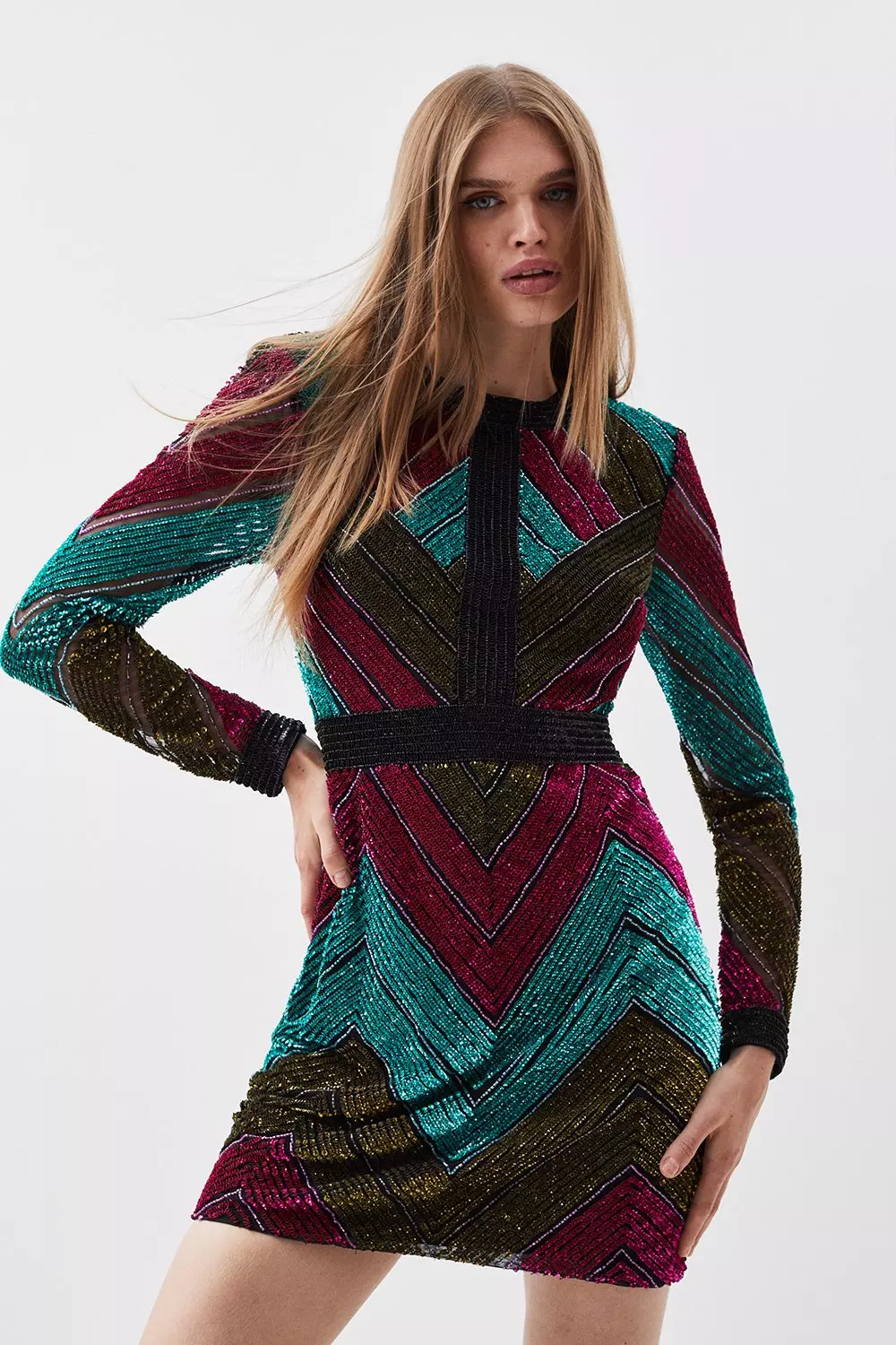 Beaded embellished long sales sleeve bodycon dress