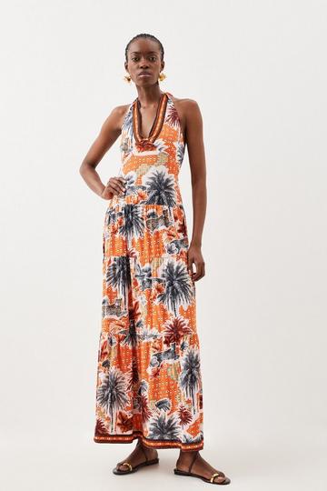 Tall Summer Palm Tiered Maxi Dress orange