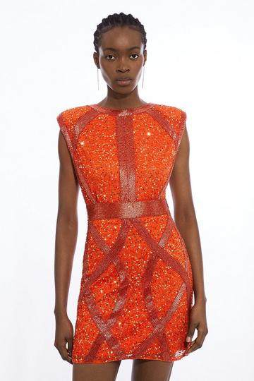 Tall Crystal Embellished Strong Shoulder Mini Dress orange
