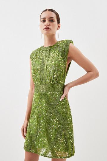 Green Petite Crystal Embellished Strong Shoulder Woven Mini Dress