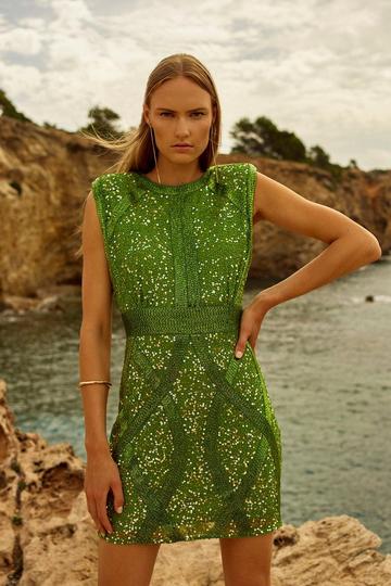 Green Crystal Embellished Strong Shoulder woven Mini Dress