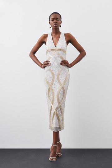 Crystal Embellished Halter Midi Dress ivory