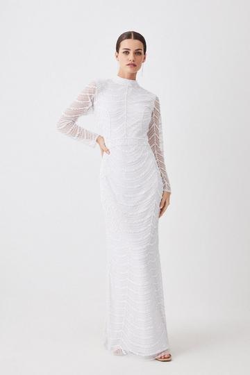 Draped Crystal Embellished Maxi Dress ivory