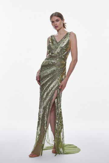 Deco Crystal Embellished Plunge Woven Maxi Dress khaki