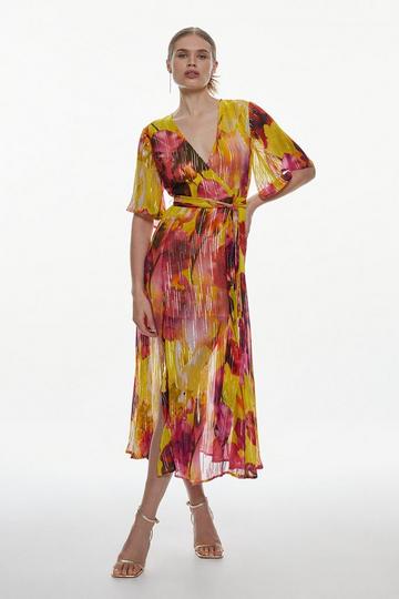 Multi Floral Sparkle Iridescent Wrap Midi Dress
