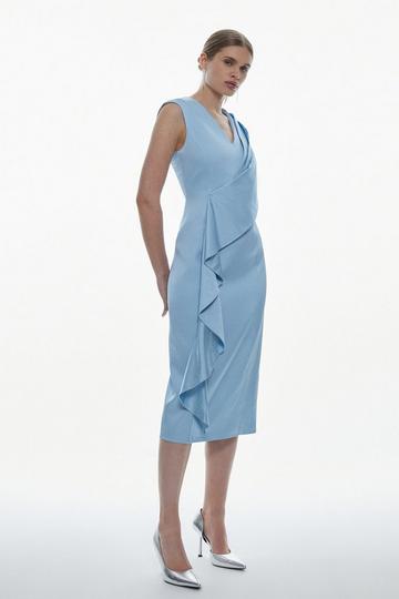 Blue Italian Wool Satin Drape Midi Dress