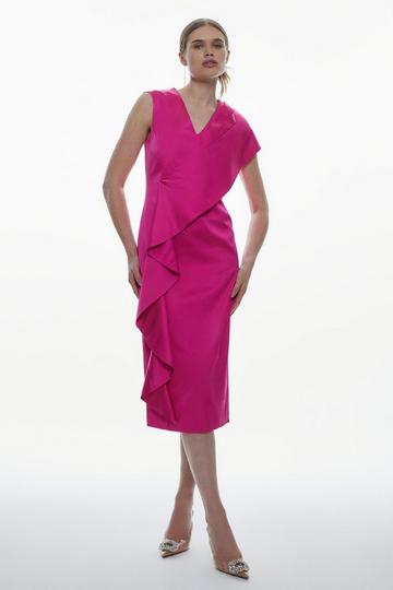 Pink Italian Wool Satin Drape Midi Dress