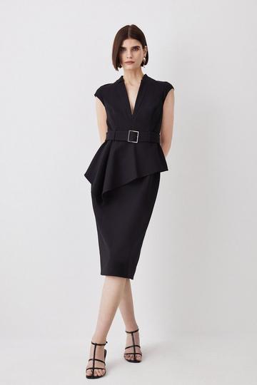 Black Compact Stretch Belted Asymmetric Drape Detail Midi Dress