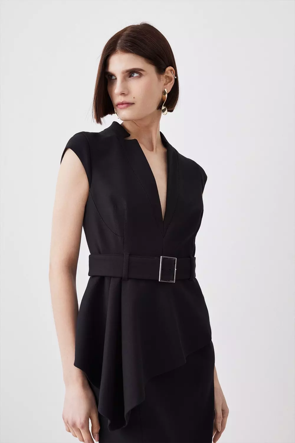 Compact Stretch Belted Asymmetric Drape Detail Midi Dress Karen Millen