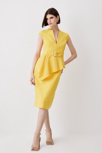 Yellow Compact Stretch Belted Asymmetric Drape Detail Midi Dress