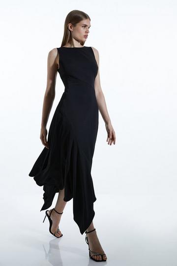 Soft Tailored Asymmetric Drape Side Midi Dress black