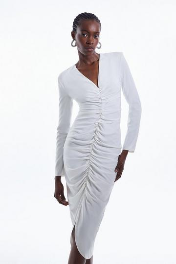 Compact Viscose Ruched Front Midi Dress ivory