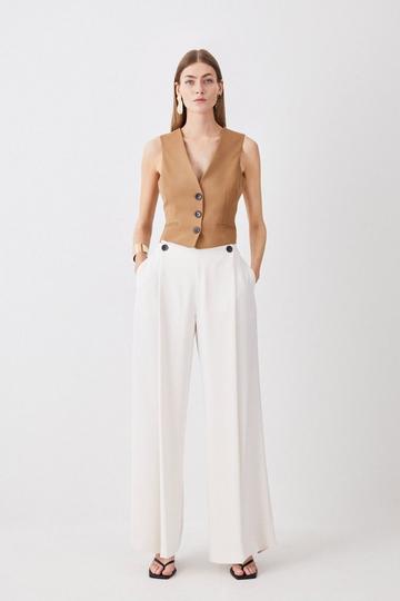Soft Tailored Button Detail Pleated Wide Leg Trouser ivory