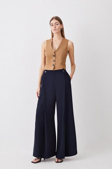 Navy Soft Tailored Button Detail Pleated Wide Leg Trouser