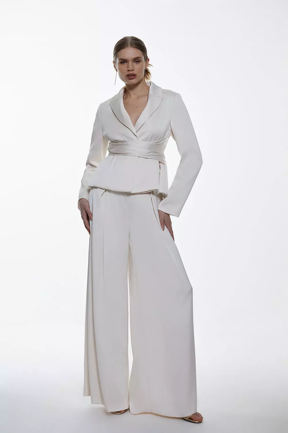 Satin Back Crepe Belted Wrap Jacket & Trouser Set | Karen Millen