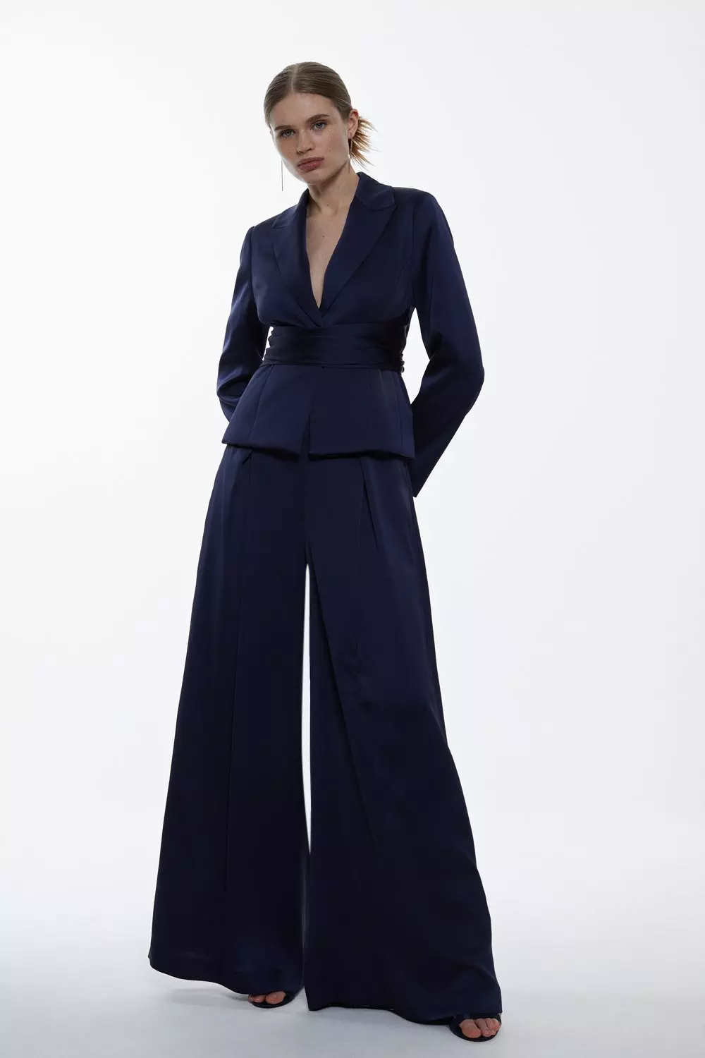 Satin Back Crepe Pleat Detail Wide Leg Pants