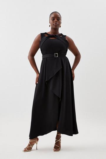 Black Plus Soft Tailored Tie Neck Detail Waterfall Maxi Length