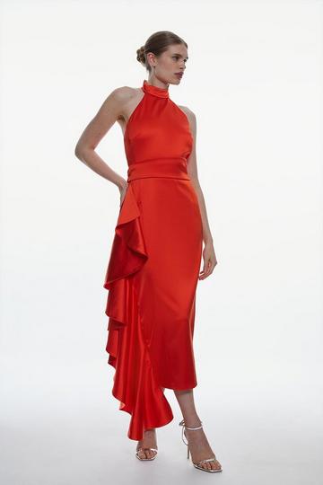 Red Italian Structured Satin Halter Neck Drape Pencil Midi Dress