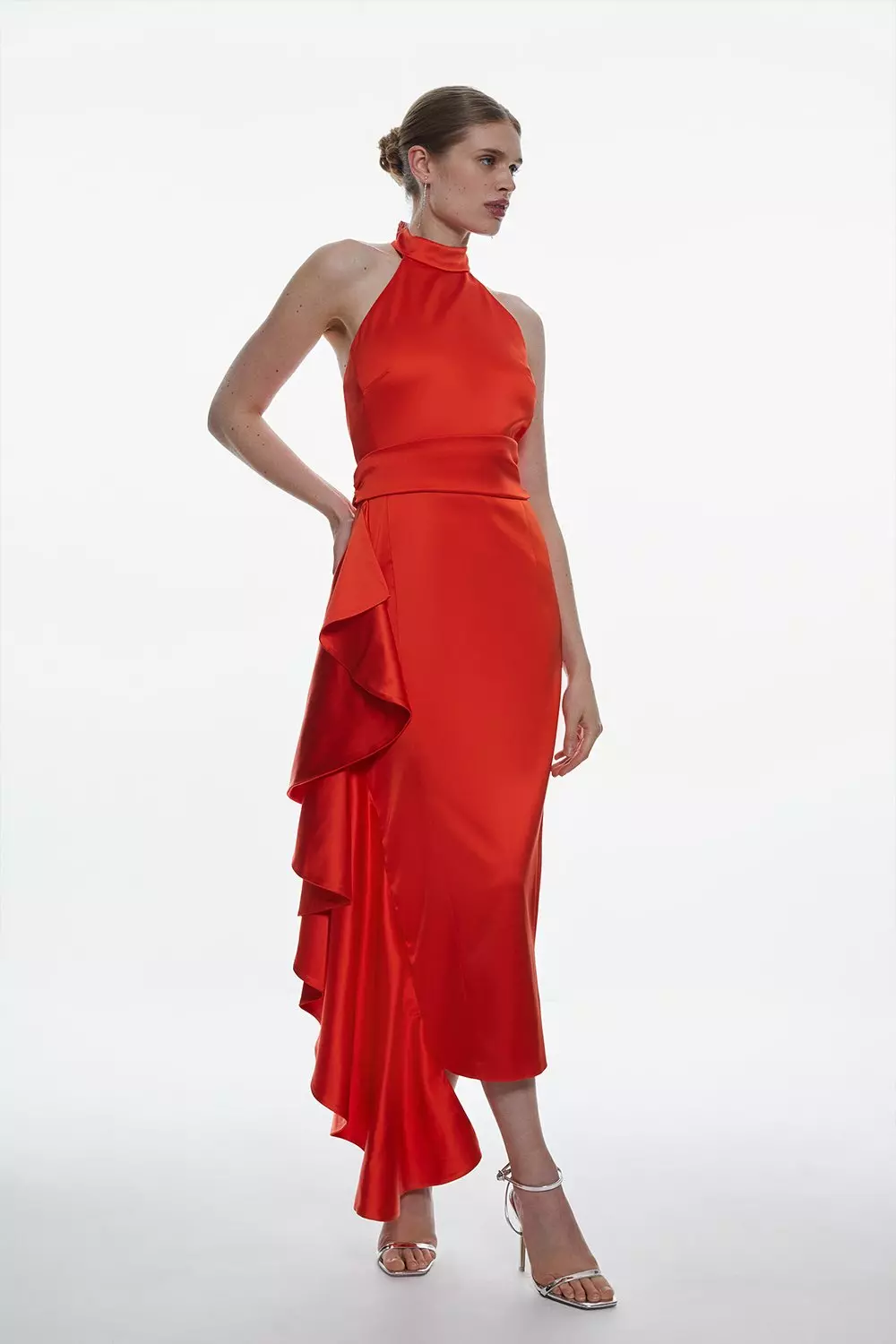 Draped satin long midi dress with ruffle, Designer Collection