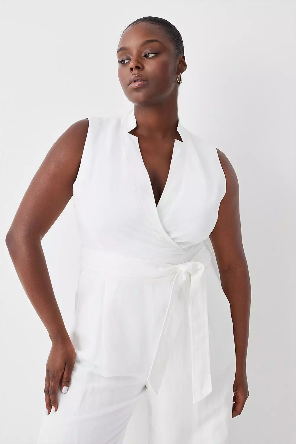 Plus Size Linen Notch Neck Belted Jumpsuit