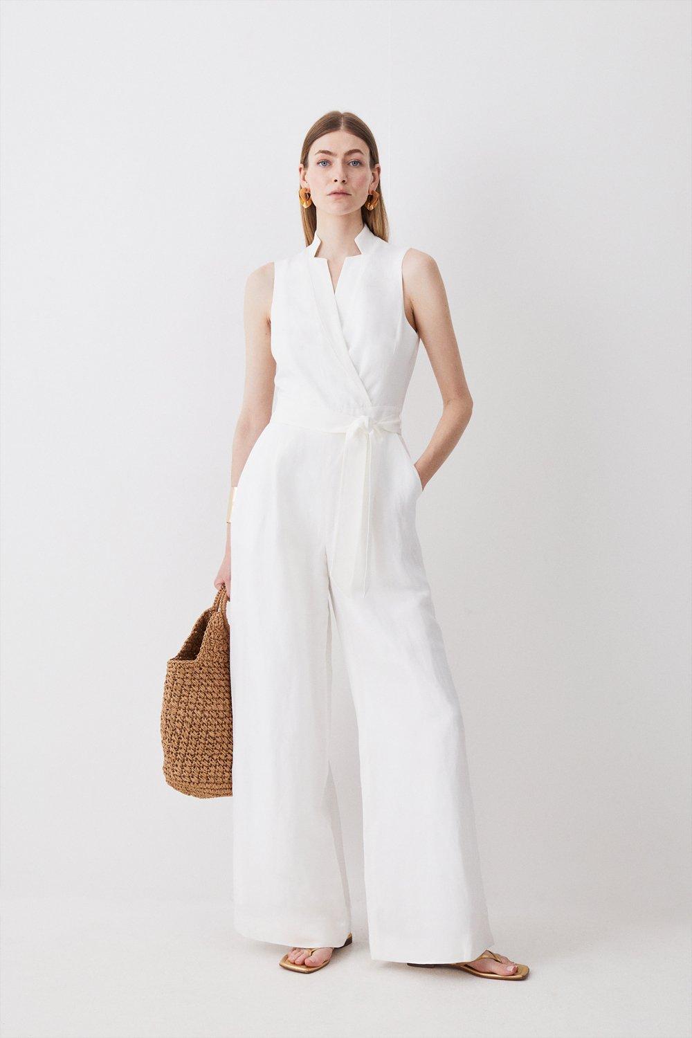 Tall Linen Notch Neck Belted Jumpsuit | Karen Millen