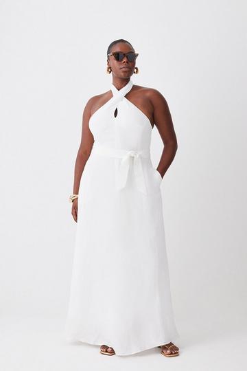 Lydia Millen Plus Size Linen Halter Tie Waist Midi Dress ivory