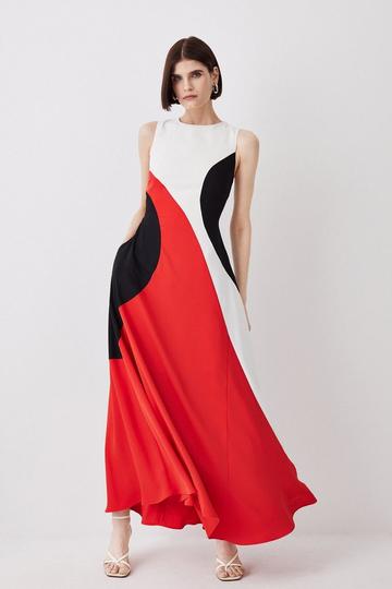 Red Tall Soft Tailored Color Block Midiaxi Dress