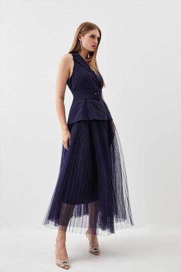 Navy Cady And Pleated Skirt Woven Tailored Blazer Dress