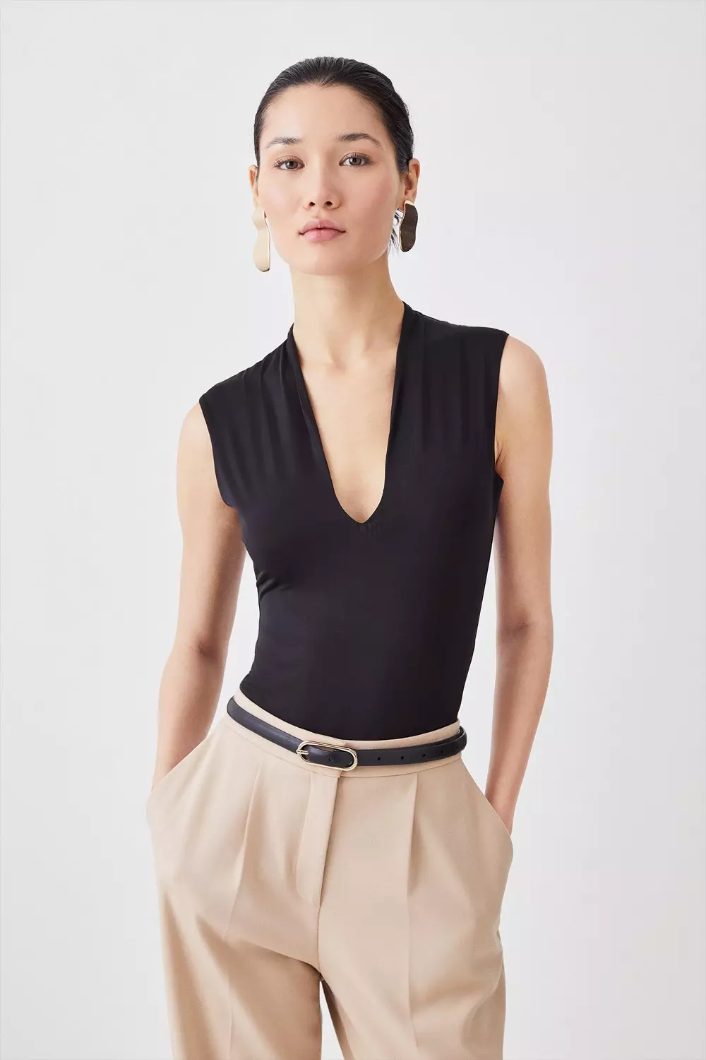 Slinky Jersey Plunge Neck Sleeveless Bodysuit | Karen Millen