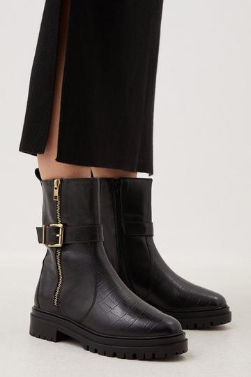 Leather Croc Chunky Buckle Midcalf Boot black