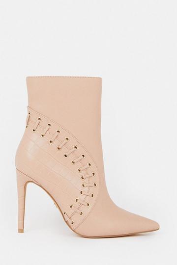 Leather And Suede Eyelet Heeled Boot nude