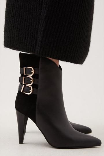 Leather And Suede Cone Heel Buckle Boot black