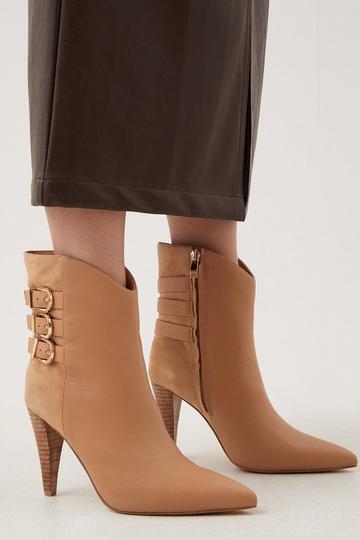 Leather And Suede Cone Heel Buckle Boot tan