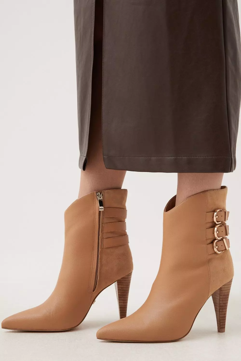 Leather And Suede Cone Heel Buckle Boot